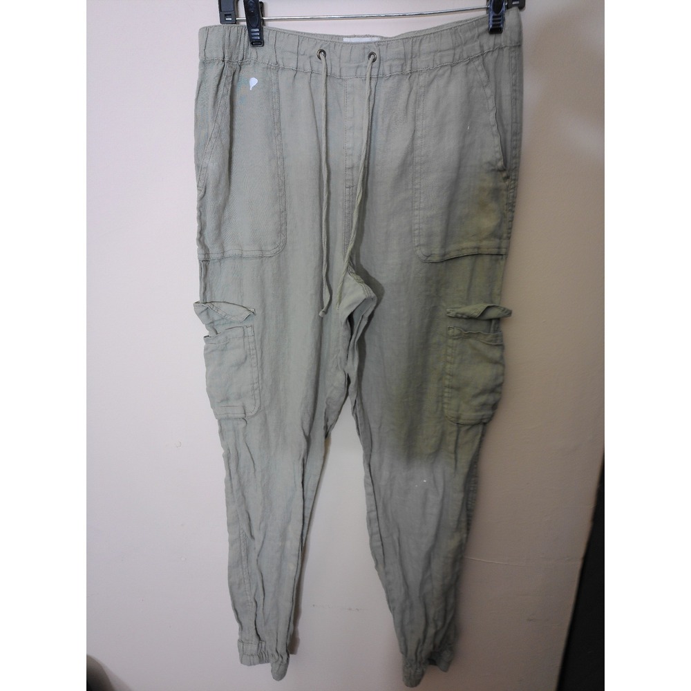 Nicole Miller Cargo Joggers Womens M Sage Green Linen Utility Coastal 2172